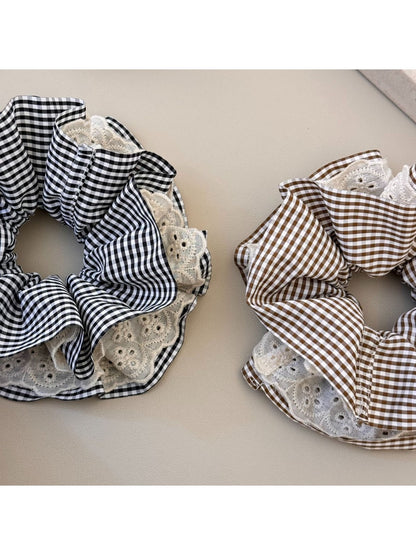 Gifty - Lace Checkered Ruffled Scrunchie Hair Tie