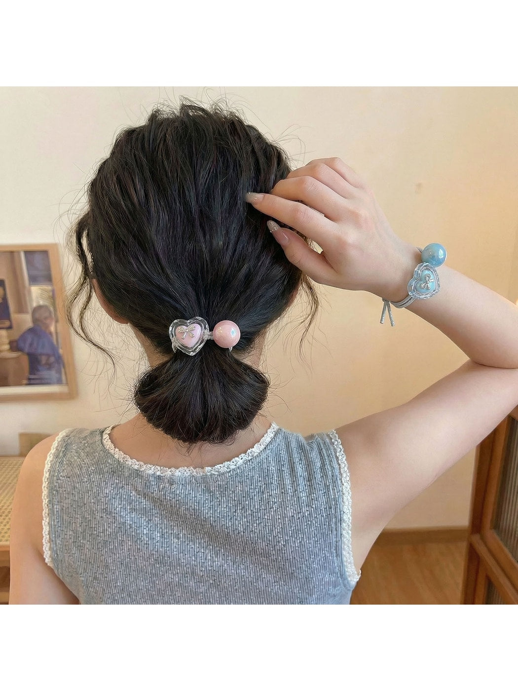 Gifty - Heart Bow Beaded Elastic Hair Tie