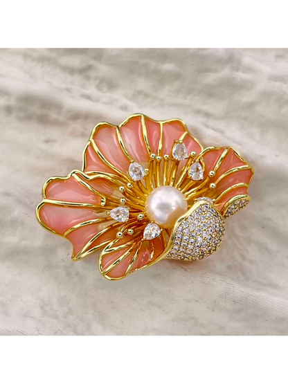 Brovia - Pink Enamel Floral Alloy Brooch Pin