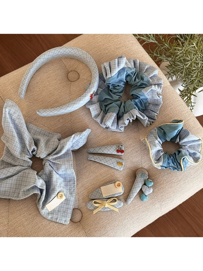 Gifty - Blue Plaid Hair Scrunchie Hair Clip and Headband