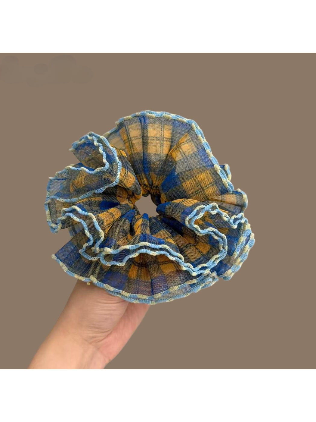 Gifty - Sheer Plaid Ruffled Polyester Scrunchie