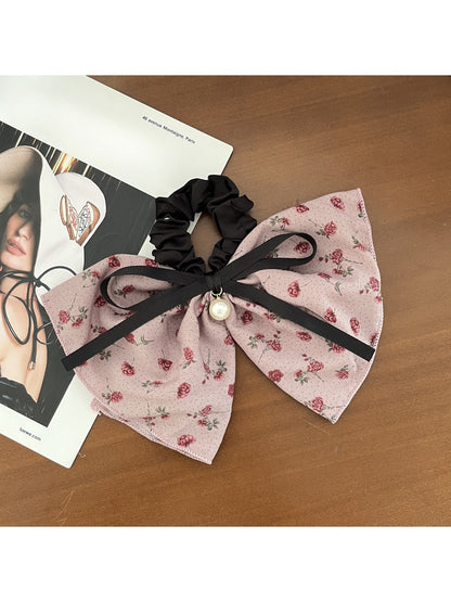 Gifty-Large Bow Hair Tie Floral Print Low Ponytail Accessory