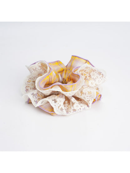 Gifty - Four-Layer Plaid Lace Trim Scrunchie