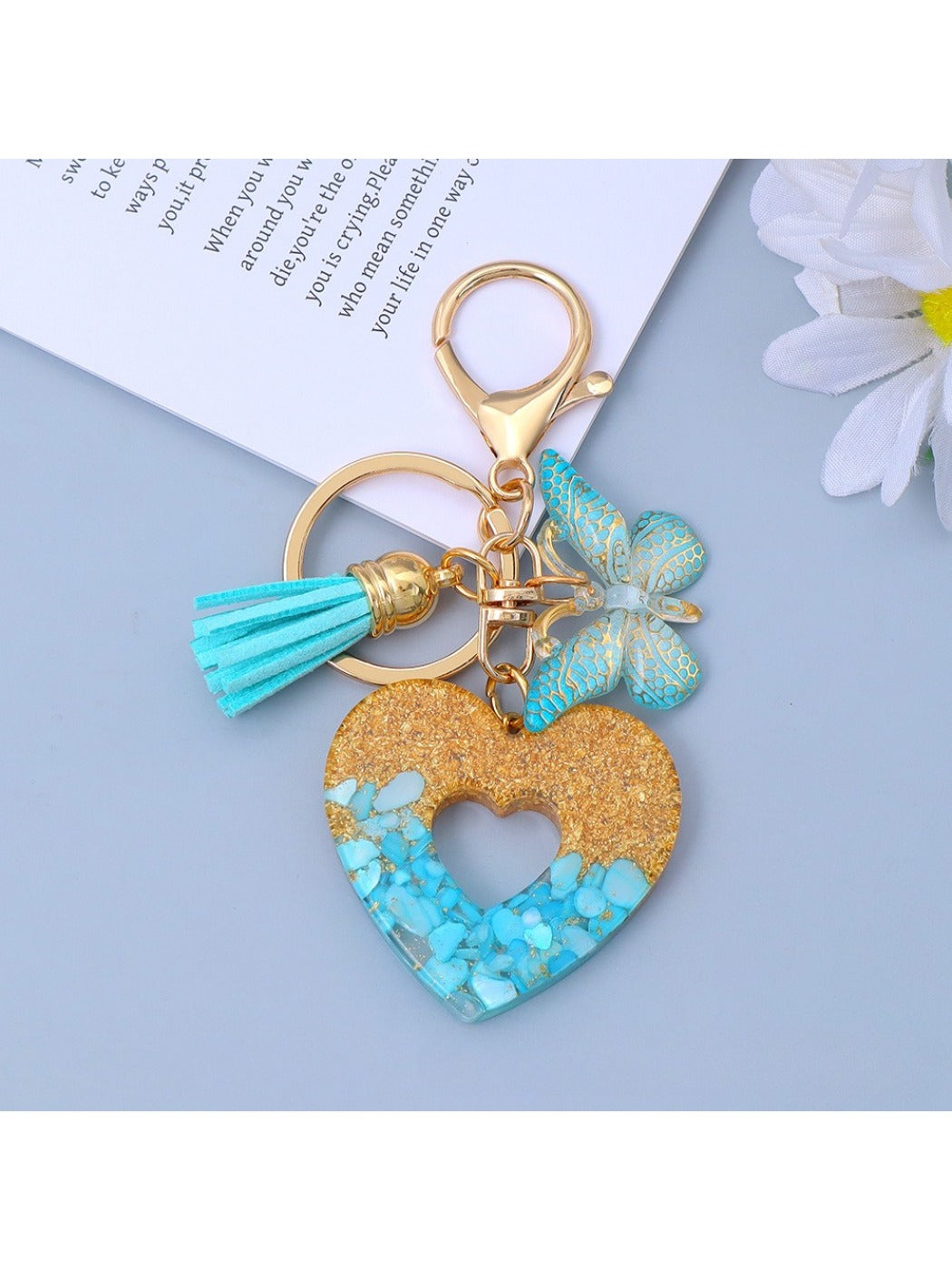 Fashionable heart cutout pendant keychain shown from side angle