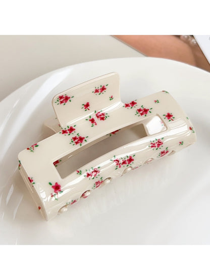 Beau floral print square hair claw clip worn in long hair from back