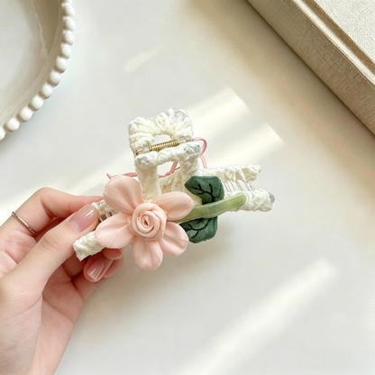Beau - Dimensional-Flower Sheer-Pink-Bow Hair Claw