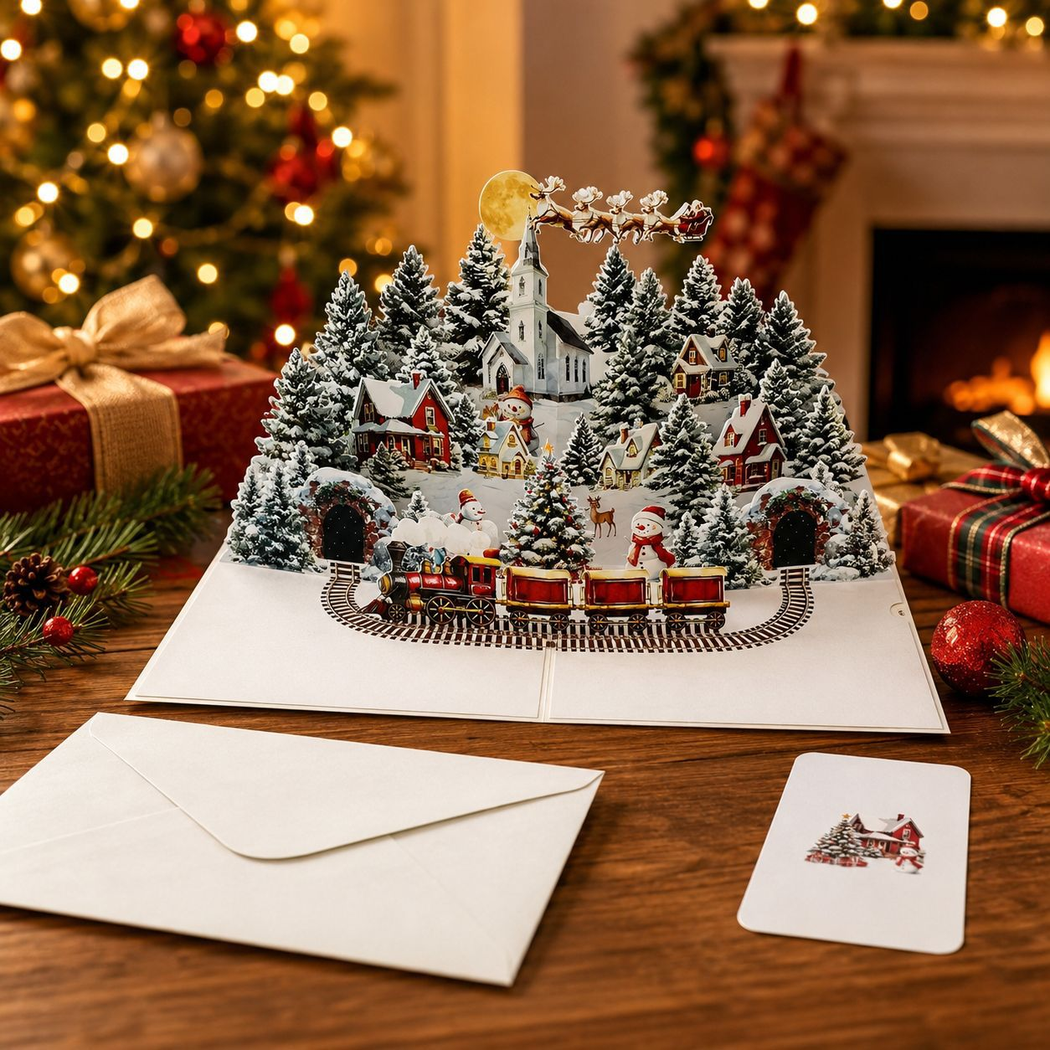 Carduria - Christmas Train Village 3D Pop-Up Greeting Card