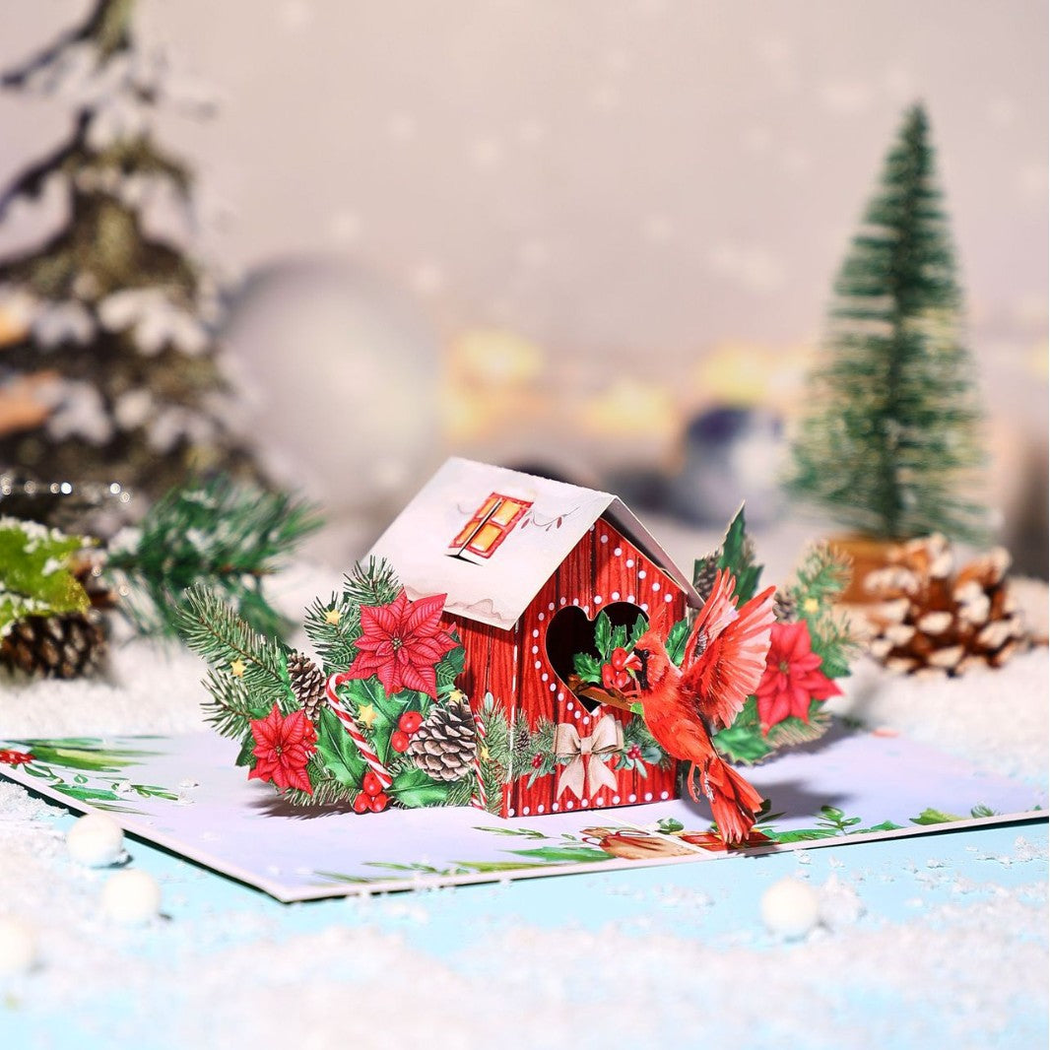 Carduria - Christmas Red Birdhouse 3D Pop-Up Greeting Card