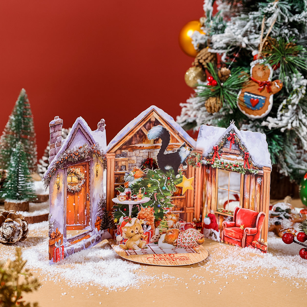 Carduria - Christmas Cat Cottage 3D Pop-Up Greeting Card