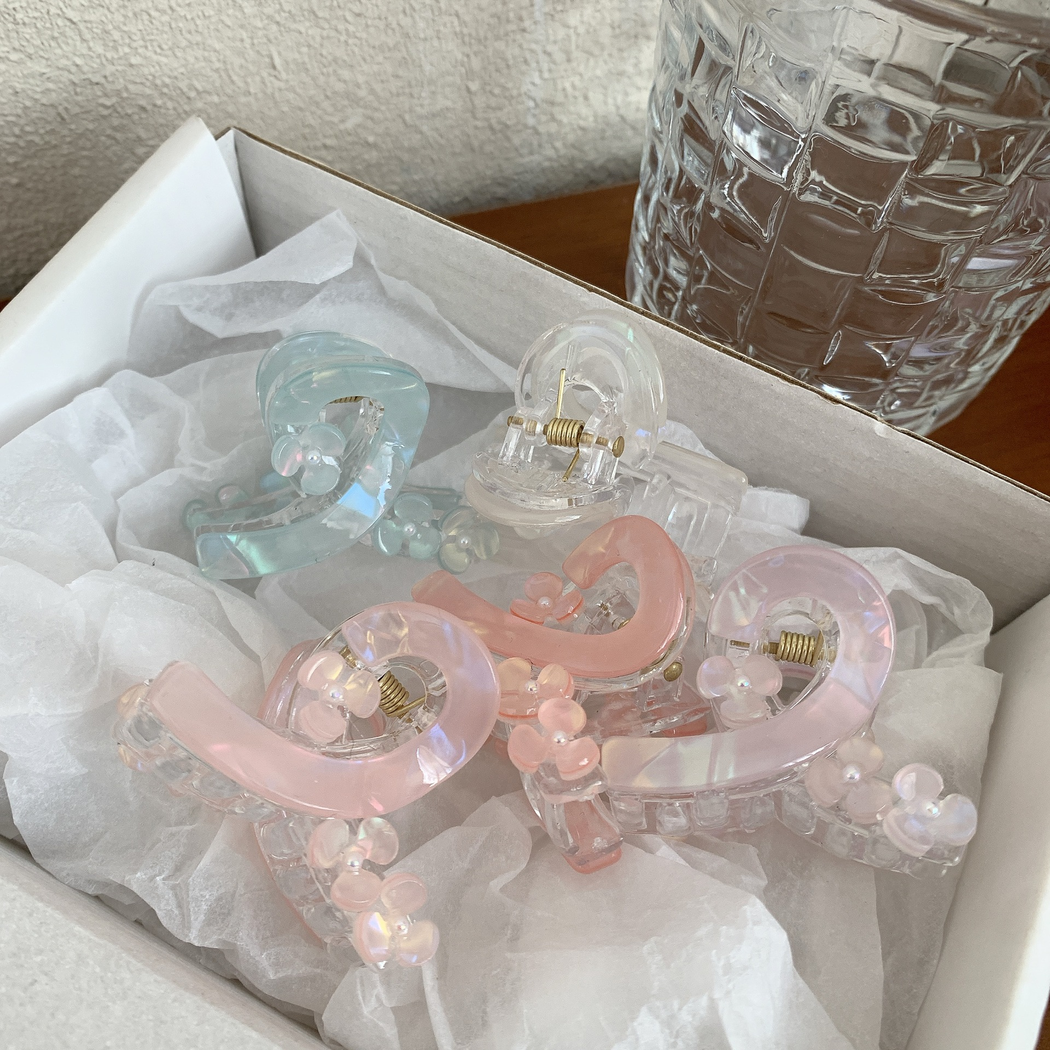ins轻奢彩钻鱼尾抓夹小号发量少 甜美少女精致花朵盘发发抓鲨鱼夹