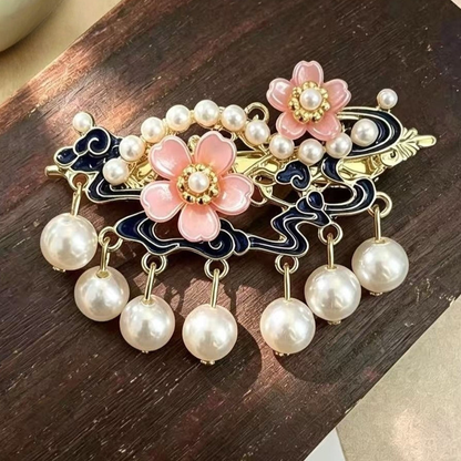 Beau - Pink-Blossom Navy-Scrollwork Side Hair Clip