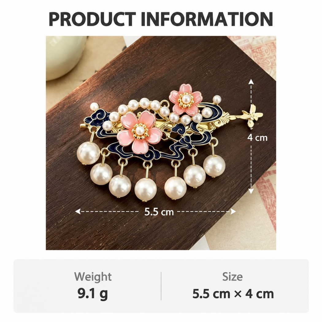 Beau - Pink-Blossom Navy-Scrollwork Side Hair Clip