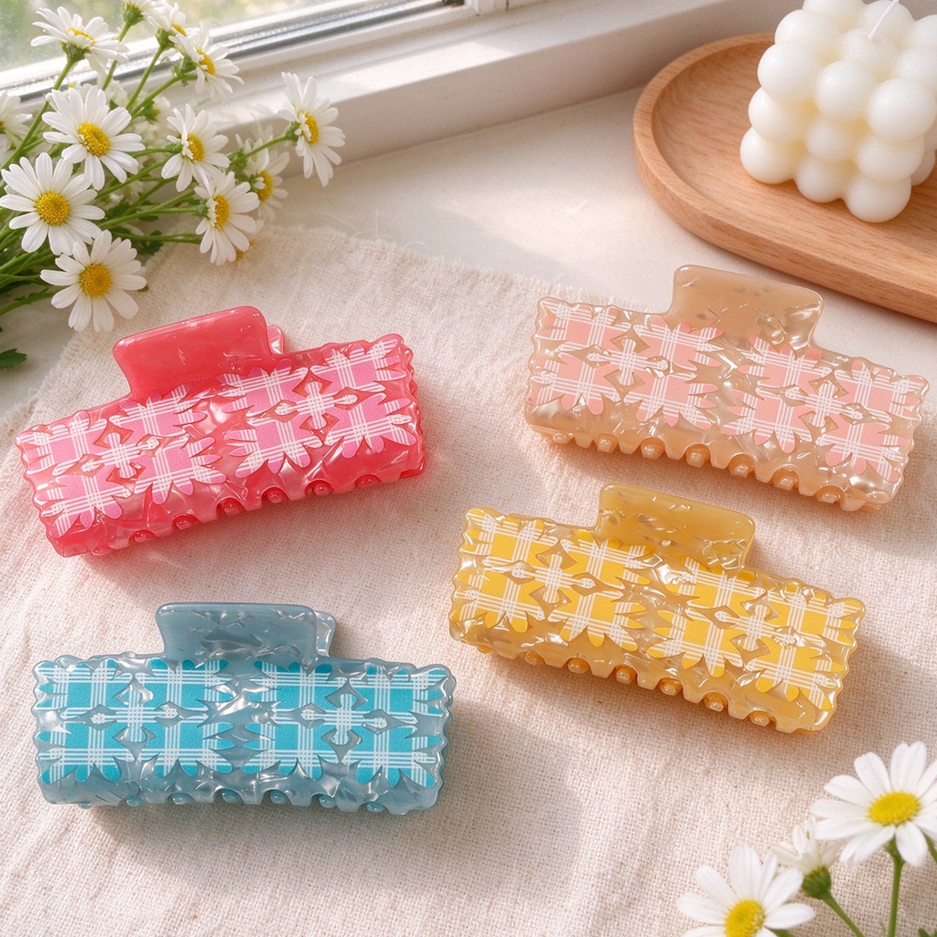 Beau - Floral Checkered Rectangular Hair Claw