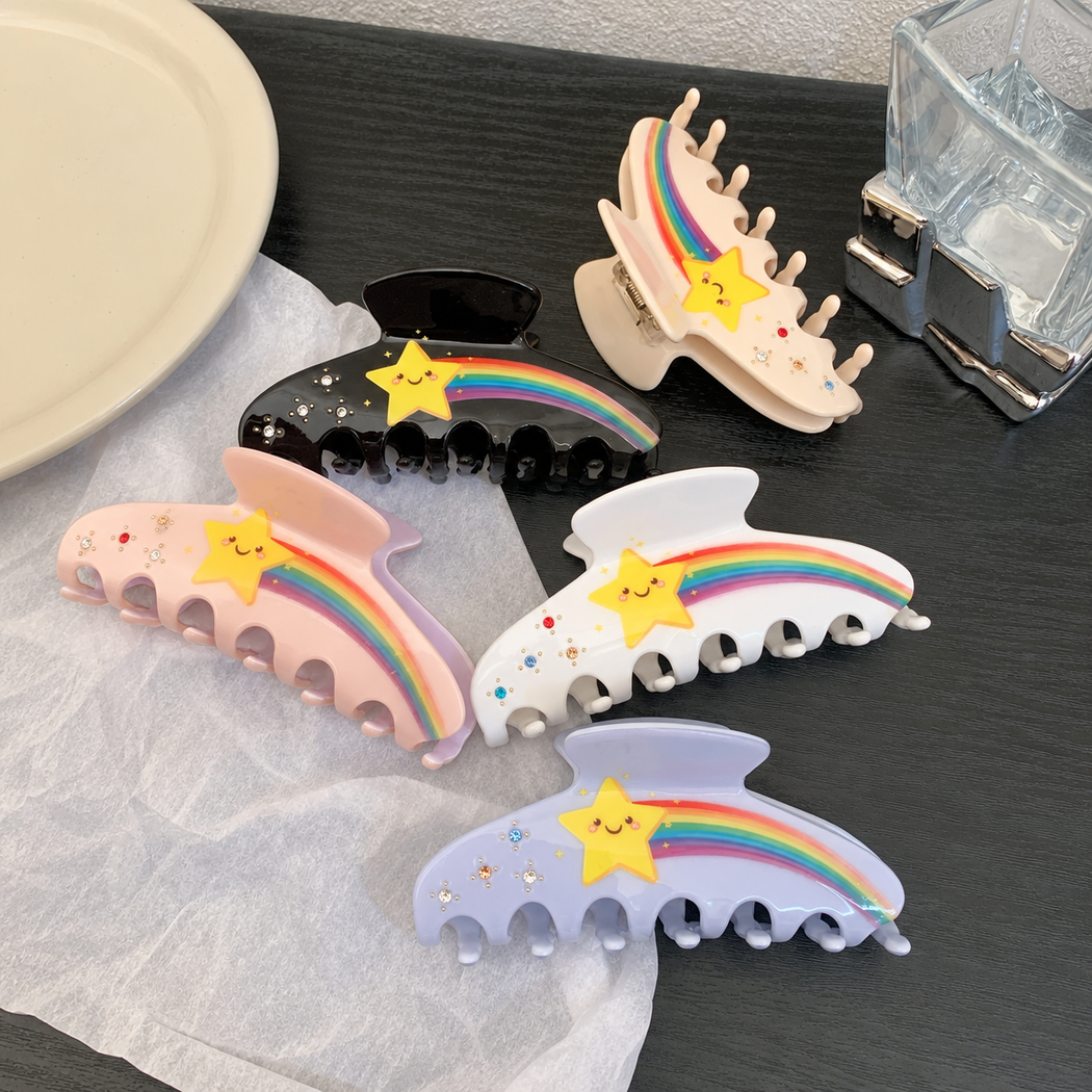 日韩气质彩虹星星醋酸质感抓夹设计感镶钻盘发后脑勺鲨鱼夹发饰女