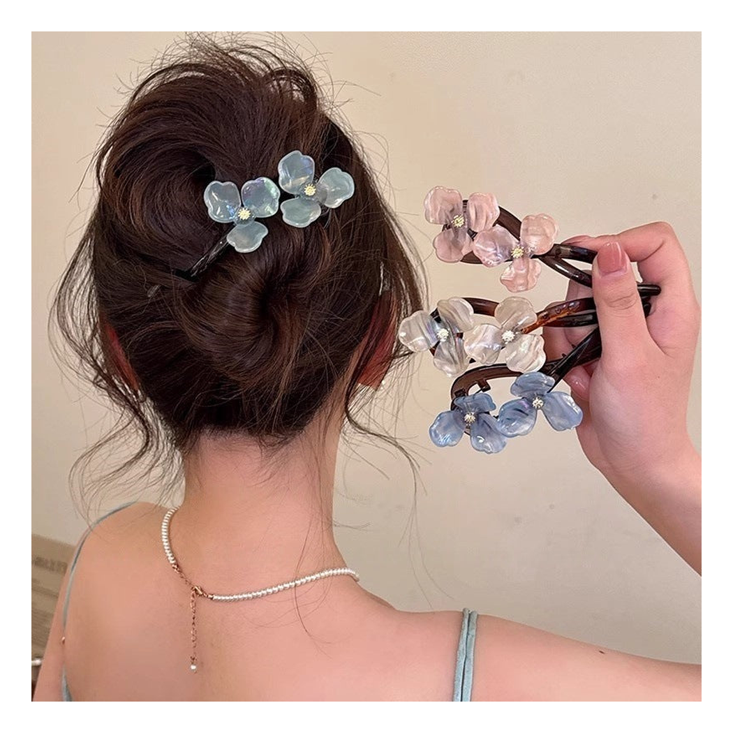 Beau - Twin Translucent Flowers Open Curved-Frame Hair Clip