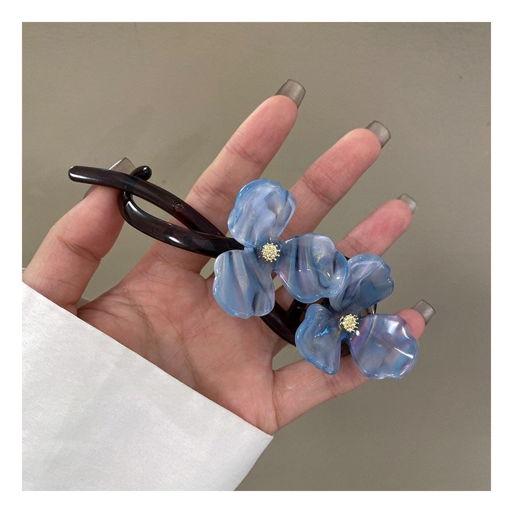 Beau - Twin Translucent Flowers Open Curved-Frame Hair Clip