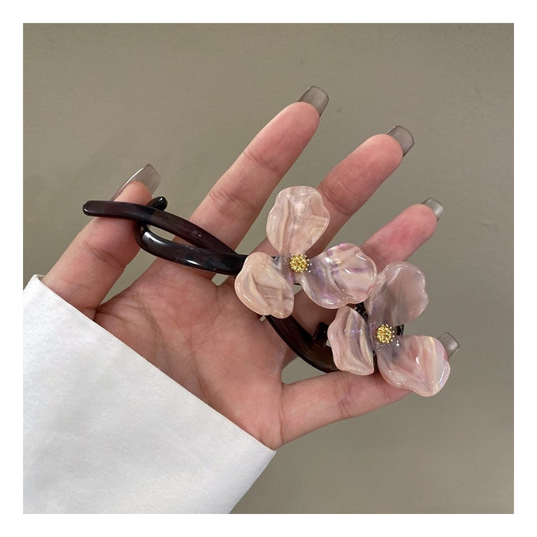 Beau - Twin Translucent Flowers Open Curved-Frame Hair Clip
