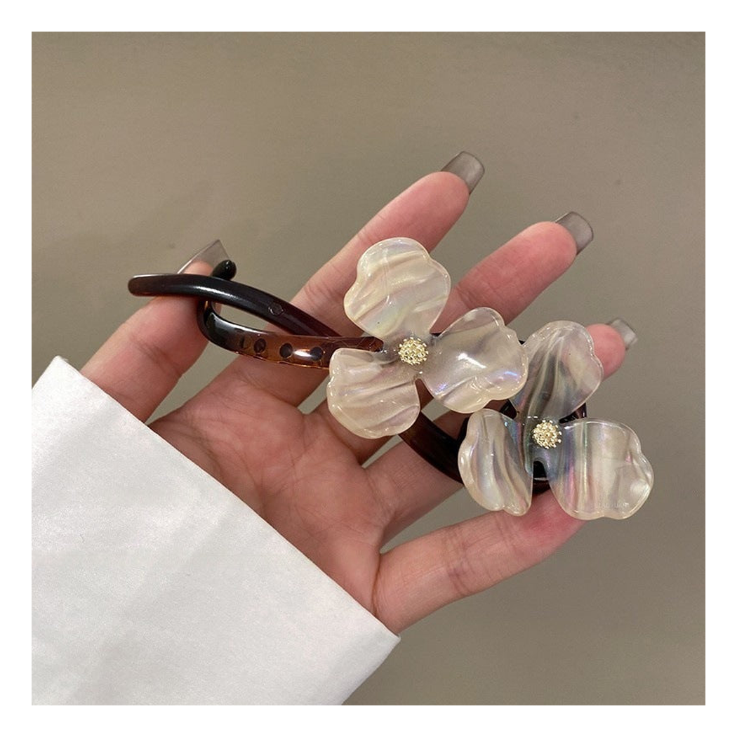 Beau - Twin Translucent Flowers Open Curved-Frame Hair Clip