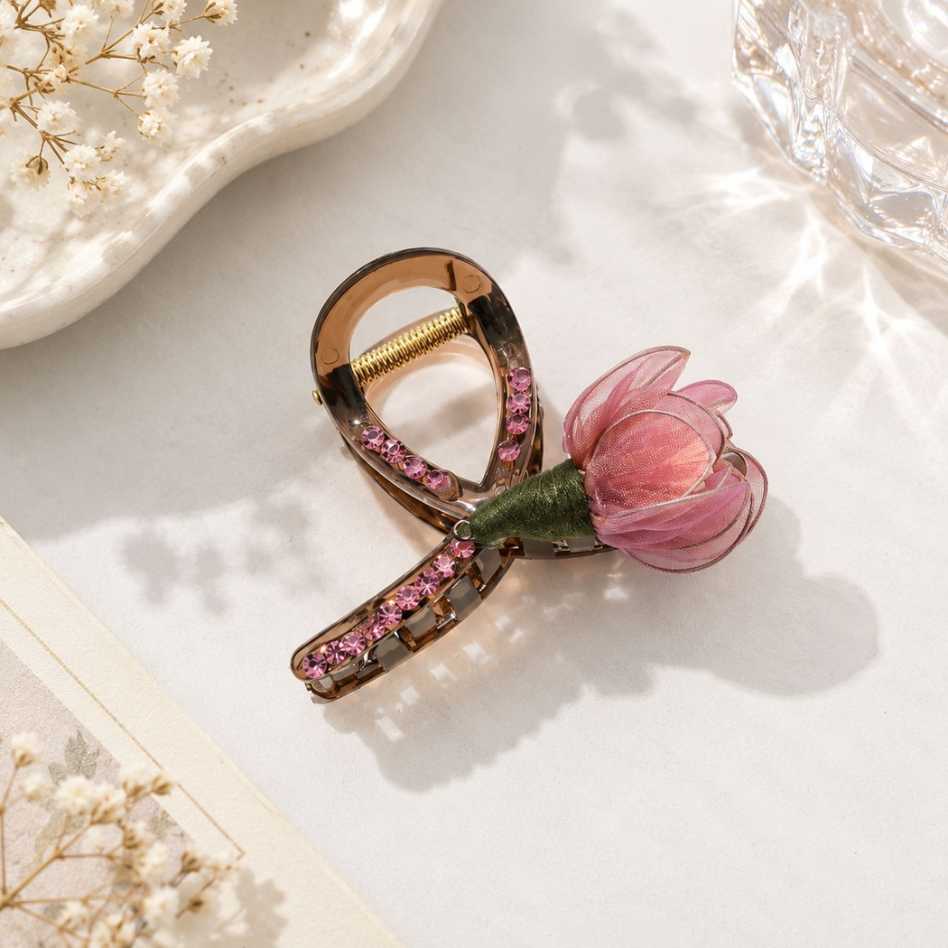 Beau - Layered Tulip Bloom Pink Accent Rows Claw Clip