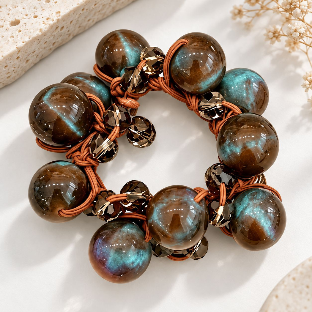 Gifty - Brown Teal Marbling Round Bead Cluster Hair Tie