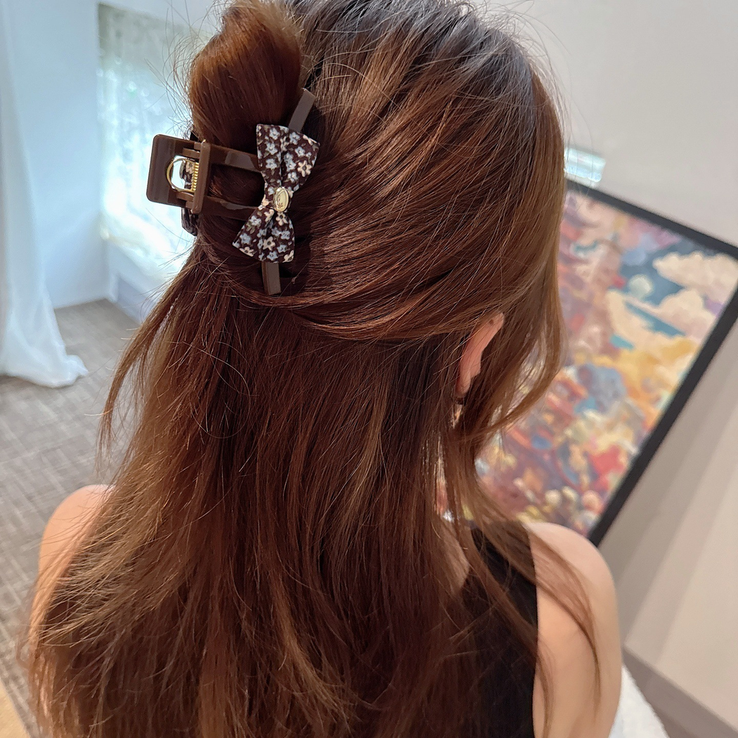 法式复古风碎花蝴蝶结中号抓夹女后脑勺发夹时尚气质半扎发鲨鱼夹