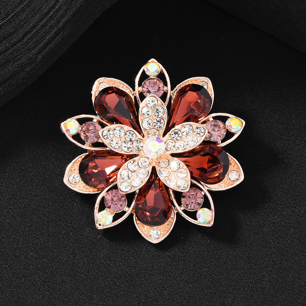 Brovia - Layered Floral Motif Faceted Stone Accents Brooch