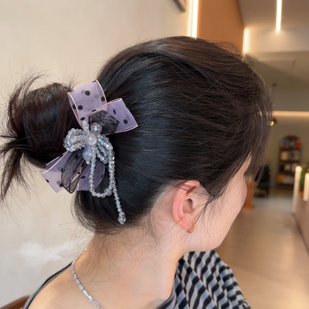 Gifty - Polka Dot Bow Motif Beaded Loop Detail Scrunchie