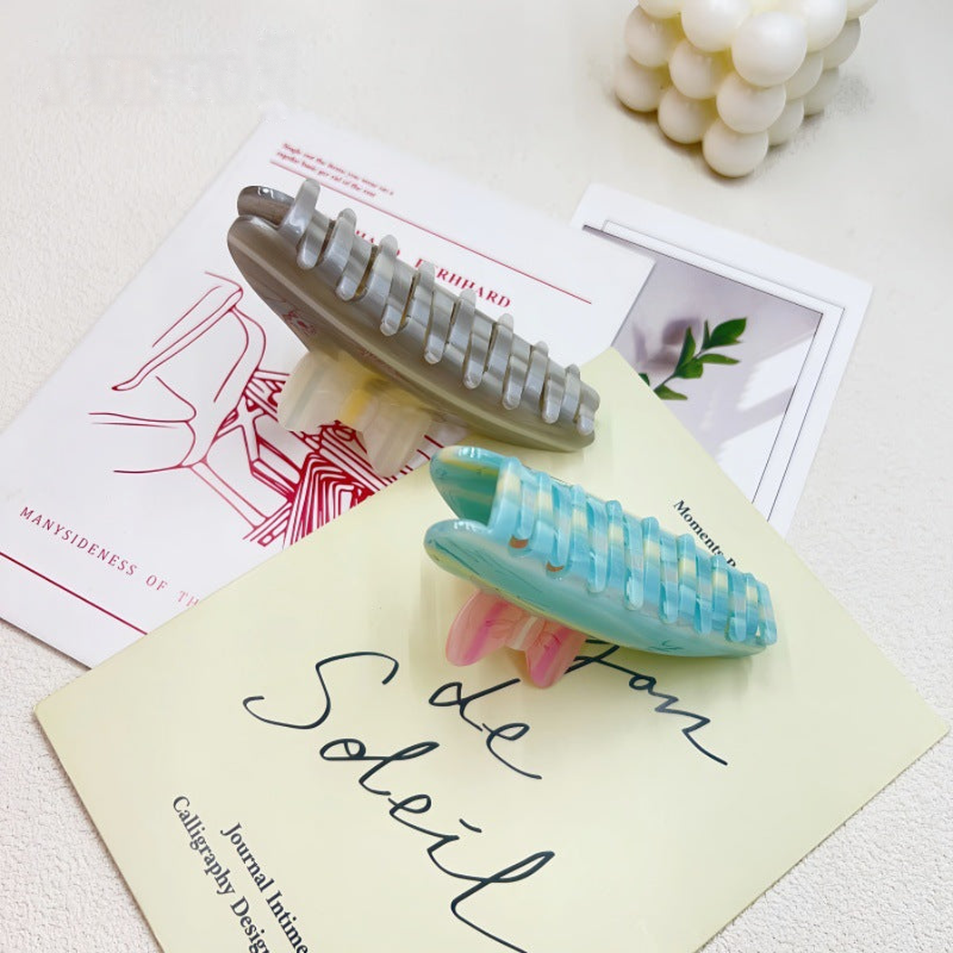 Gray and green striped bow hair claw clips