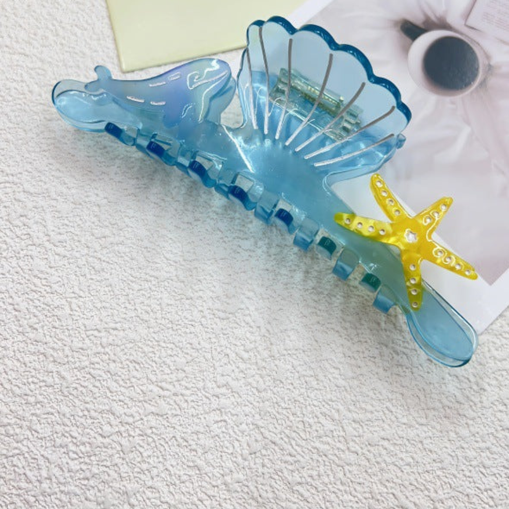 Ocean-blue seashell and starfish hair claw clip