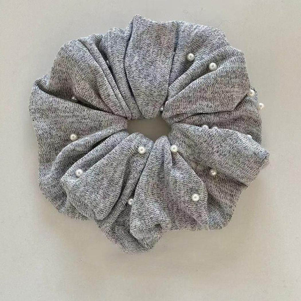Gifty - Grey Beaded-Accent Soft-Ruffle Scrunchie