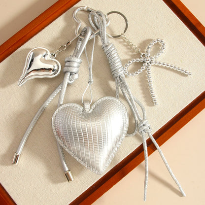 Keypus - Silver Heart Bow Woven Cord Bag Charm Keychain