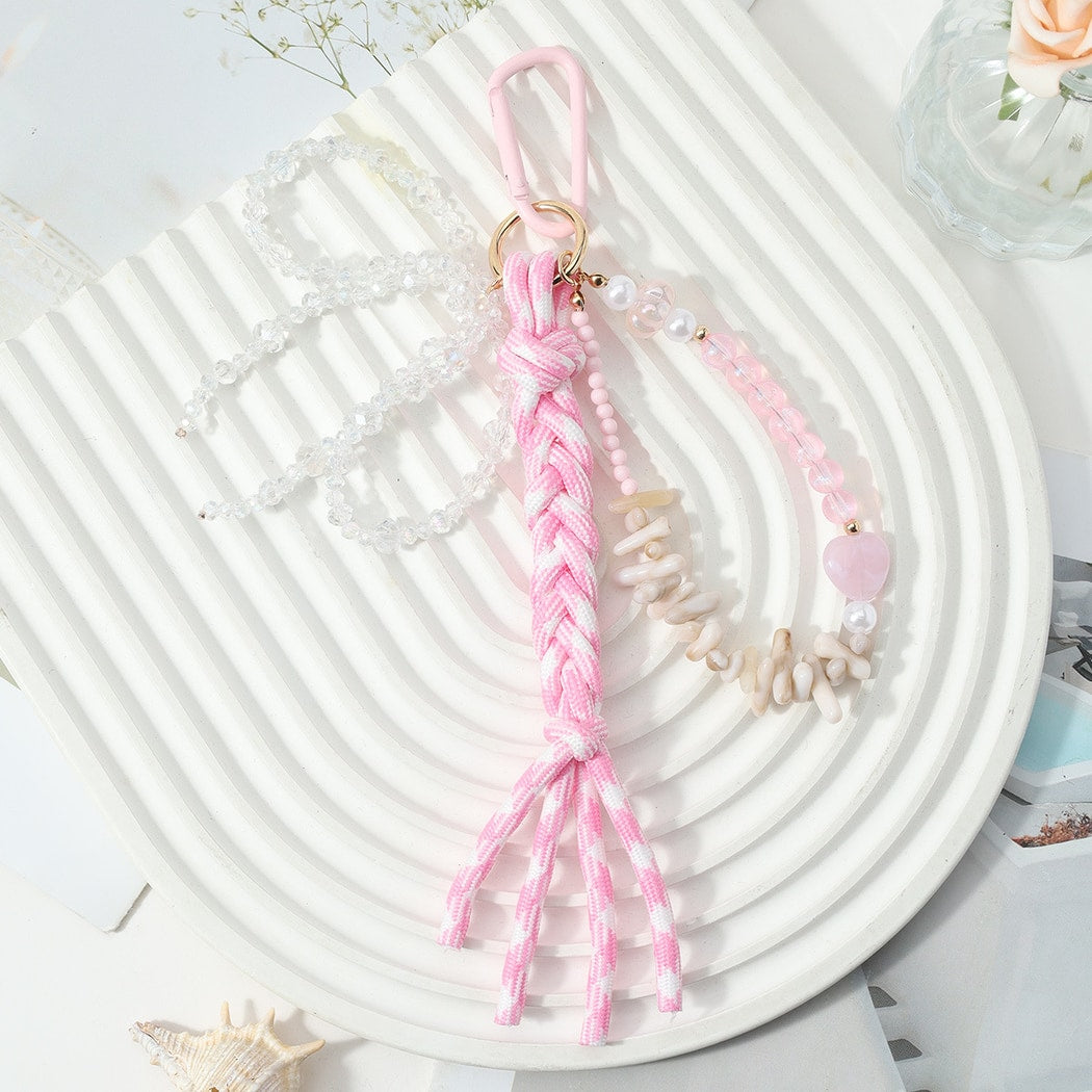 Keypus - Pink Beaded Bow Woven Cord Keychain