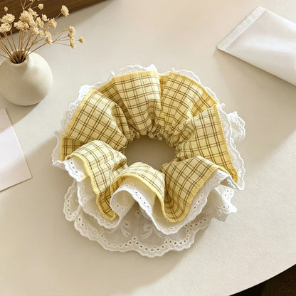 Gifty - Ruffled Plaid Lace Trim Elastic Scrunchie