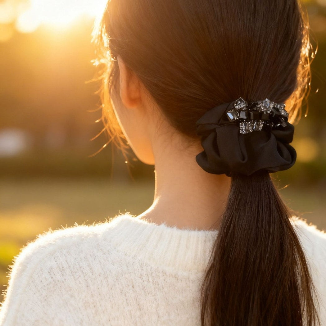 Gifty - Black Sparkly Beaded Accent Scrunchie