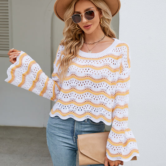 Crochet Fashionable Long Sleeve Striped Knit Sweater