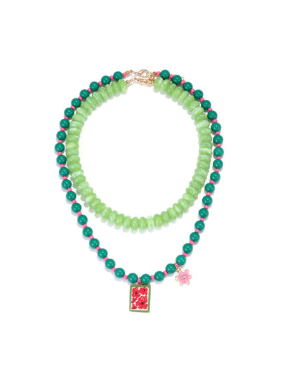 Nozari - Floral Pendant Layered Beaded Chain Necklace