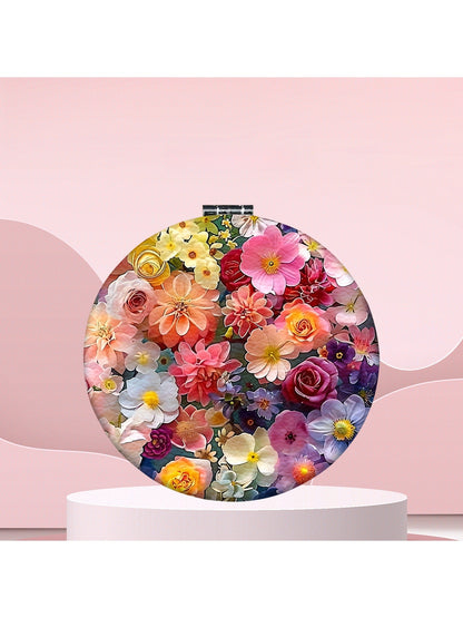 Mirroray - Round Floral Print Portable Folding Makeup Mirror