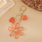 Top view of hollow flower shaped raffia keychain showing detailed weaving