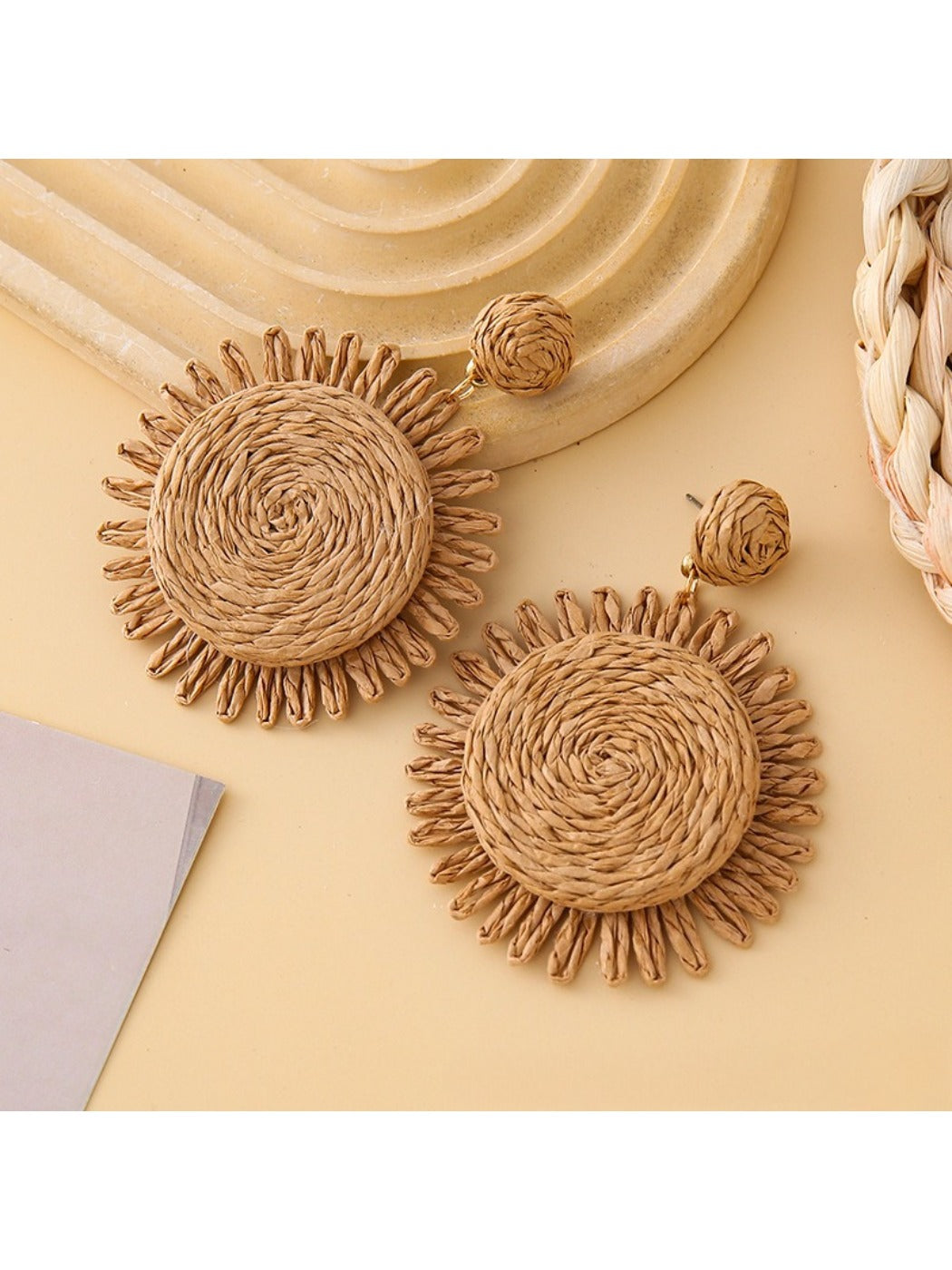Pair of Earedge raffia round earrings with vibrant multicolor design