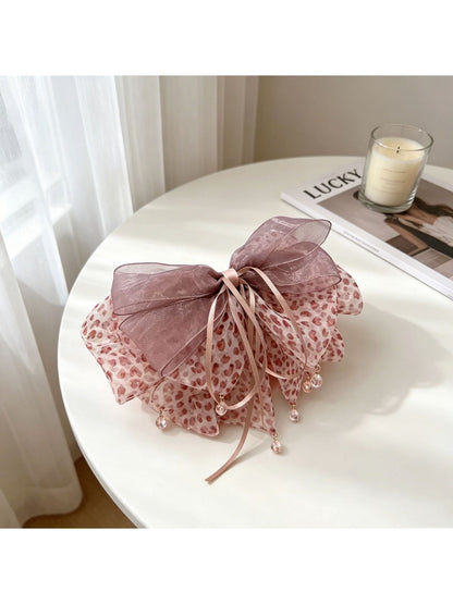 Beau - Polyester Bow Accent Leopard Pattern Claw Clip