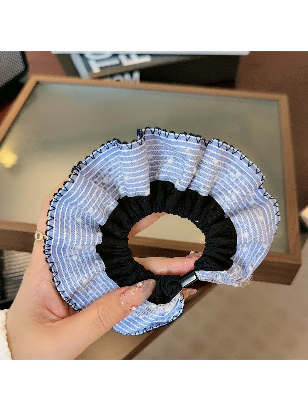 Gifty - Blue Plaid Polka Dot Fabric Scrunchie