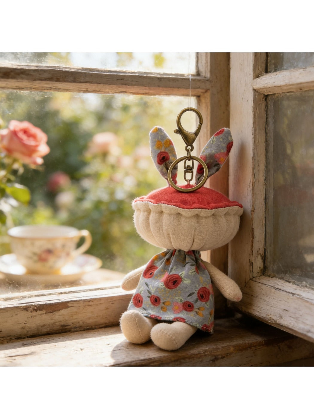 Keypus fabric doll keychain attached to a handbag zipper pull