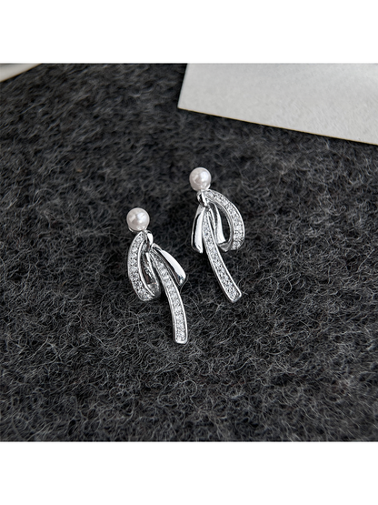 Earedge - Bow Rhinestone Dangle Stud Earrings