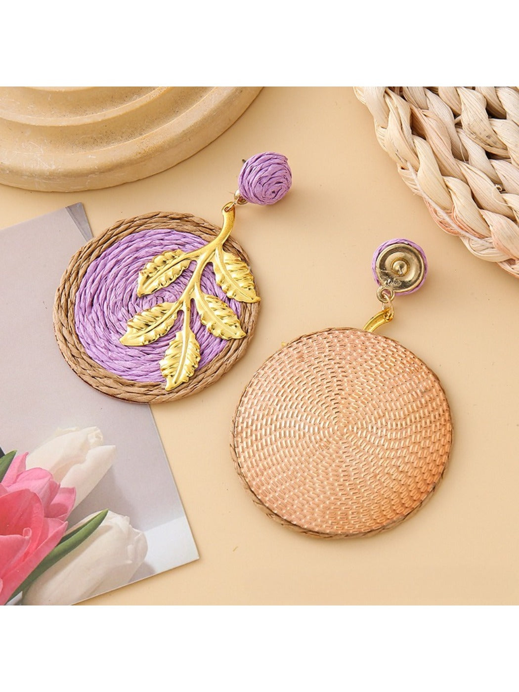 Earedge round leaf pendant earrings displayed on white background