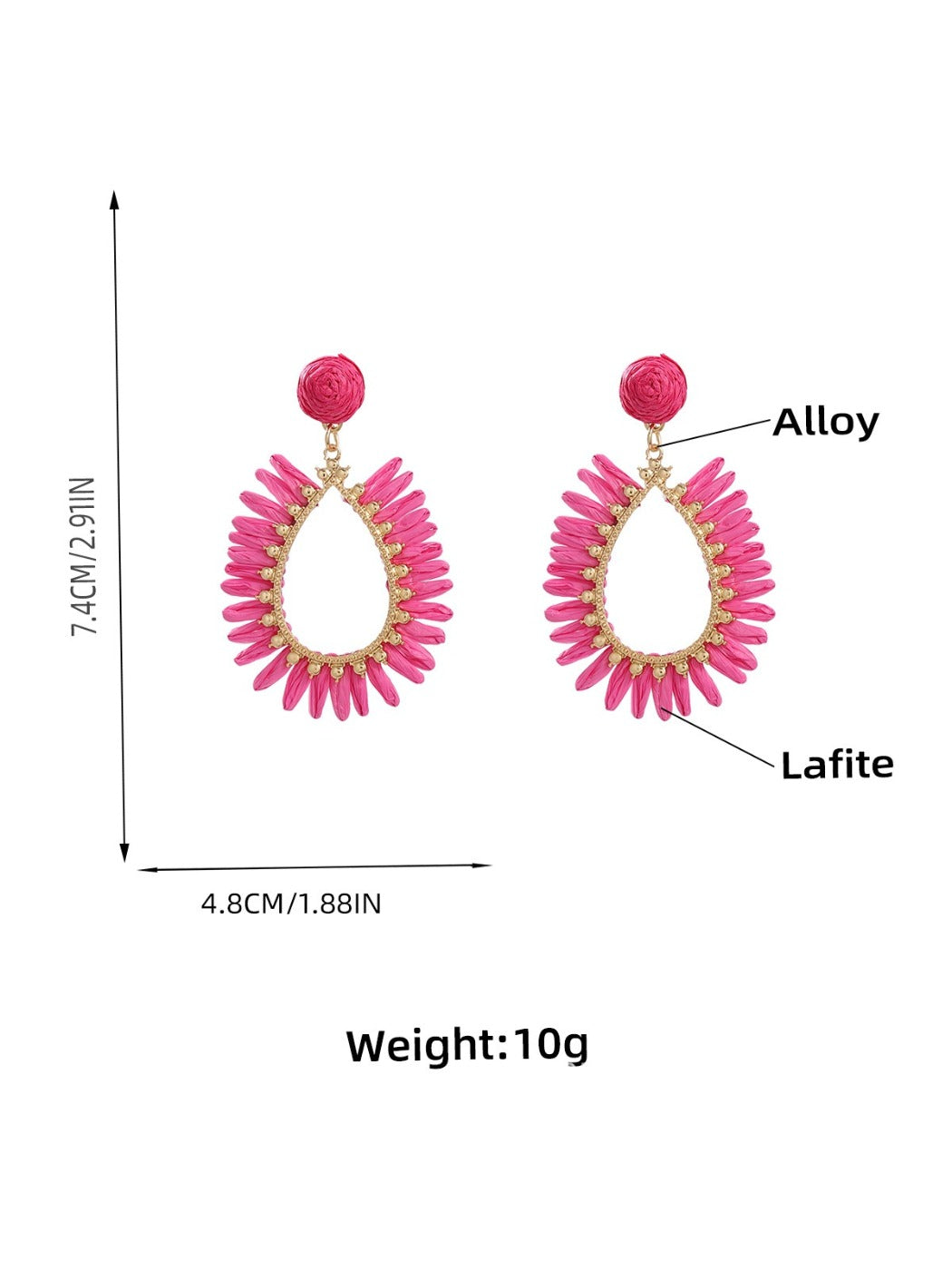 Pair of minimalist oval raffia drop earrings displayed on a beige fabric surface