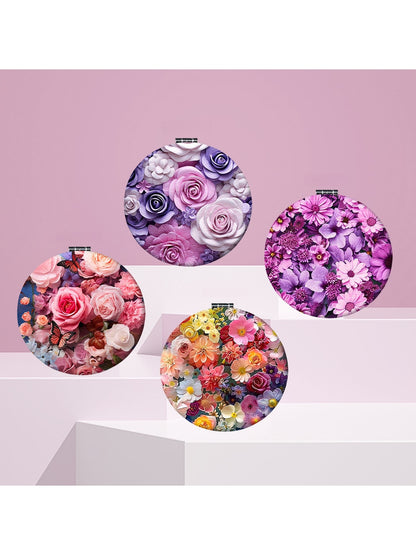 Mirroray - Round Floral Print Portable Folding Makeup Mirror