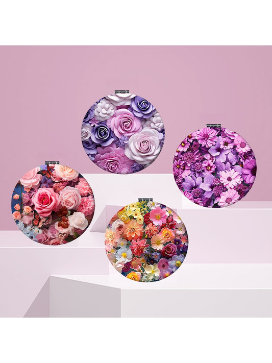 Mirroray - Round Floral Print Portable Folding Makeup Mirror