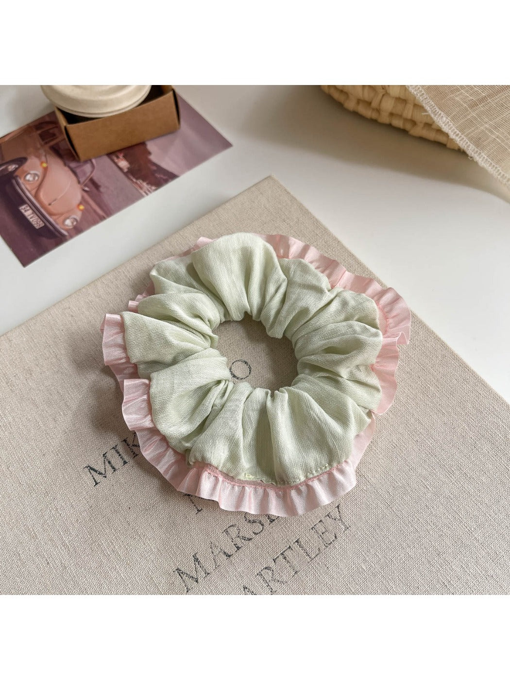 Gifty Sweet Color Block Tulle Scrunchie displayed flat with visible color blocks