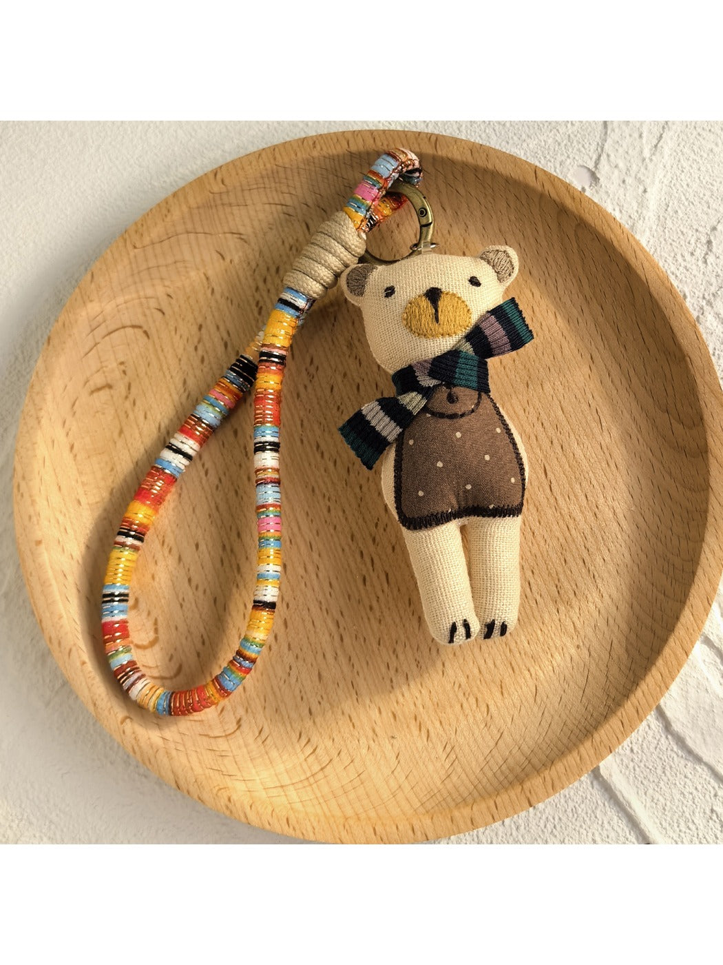Keypus cartoon doll keychain with metal clasp and colorful fabric design