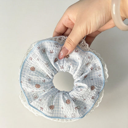 Gifty - Lace Trim Plaid Puppy Print Scrunchie